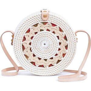 Women's White Pattern Round Rattan Handmade Straw Wicker Cross Body Boho Bags